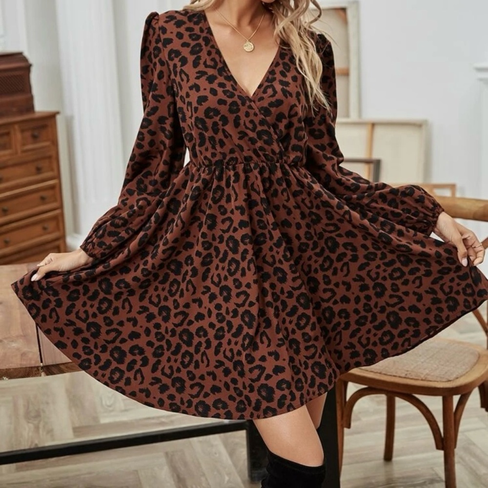 SHEIN Brown and Black Fit and Flare V-Neck Dress